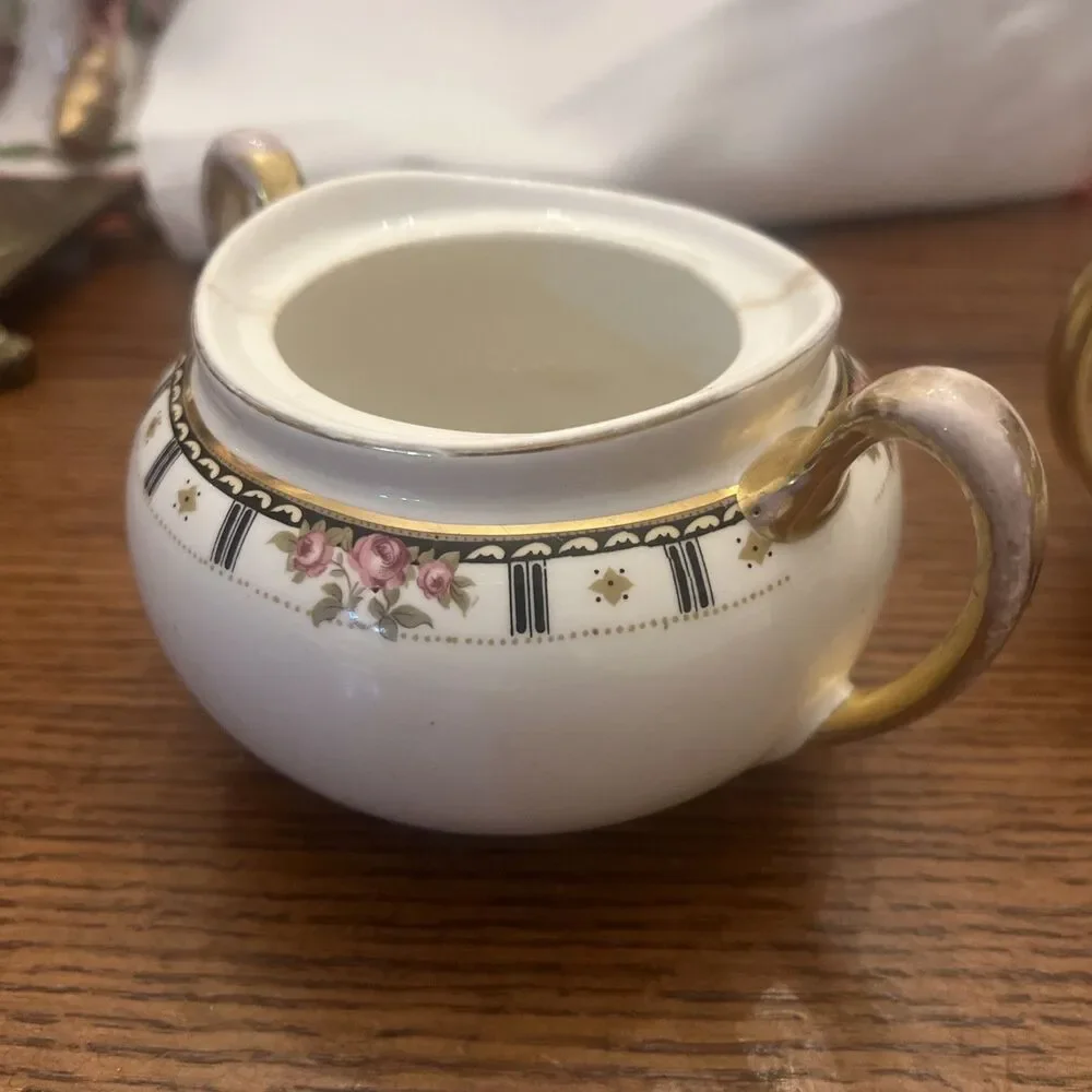 Vintage Cleveland China Sugar Bowl & creamer Bridal Rose Pattern Gold‎ & Crazing